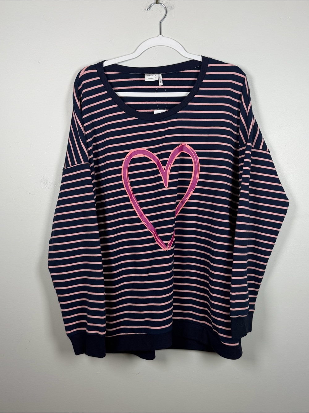 New Simple by Suzanne Betro Navy Pink Stripe Heart Paint Pullover Sweatshirt 1X